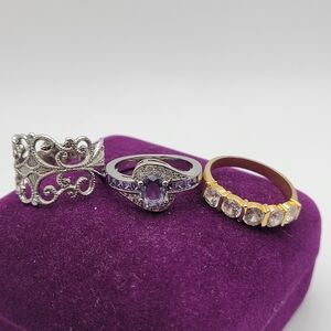 Lot of 3 Exquisite Silver, Purple, and Gold Rings Costume Jewelries Pretty!